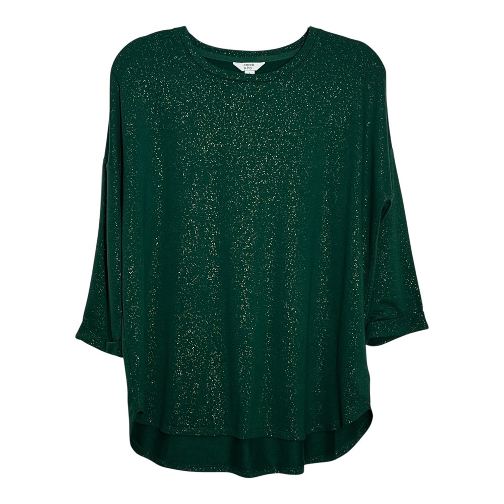 Crown & Ivy Womens Green Sliver/Gold Glitter Splatter 3/4 Sleeve Knit Top Large‎